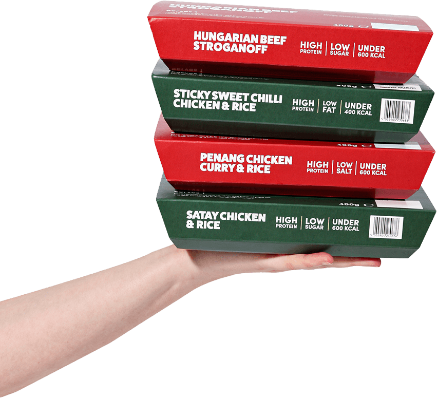 Hand holding a stack of Prepped Pots meal boxes