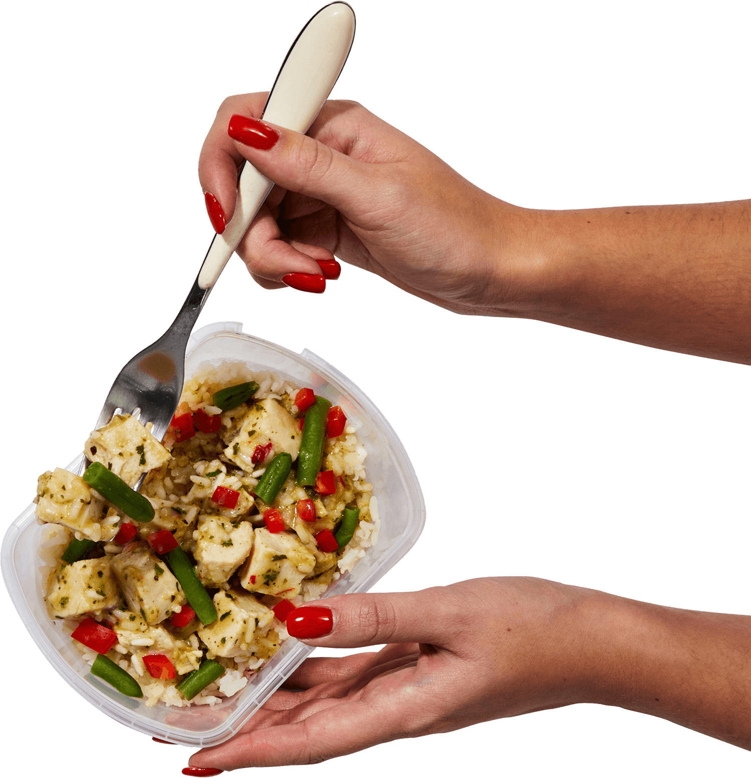Hands holding a Prepped Pots chicken and rice pot
