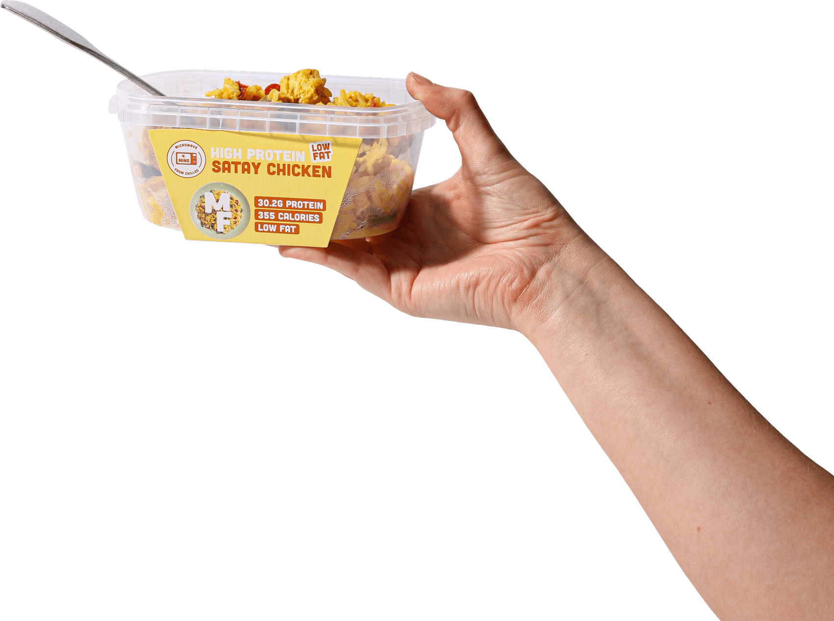 Hand holding a Prepped Pots high-protein meal pot