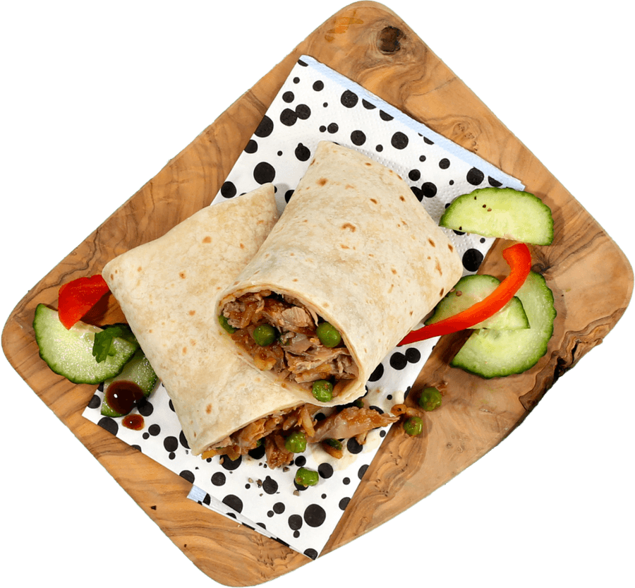 Prepped Pots pulled-pork wrap on a wooden board